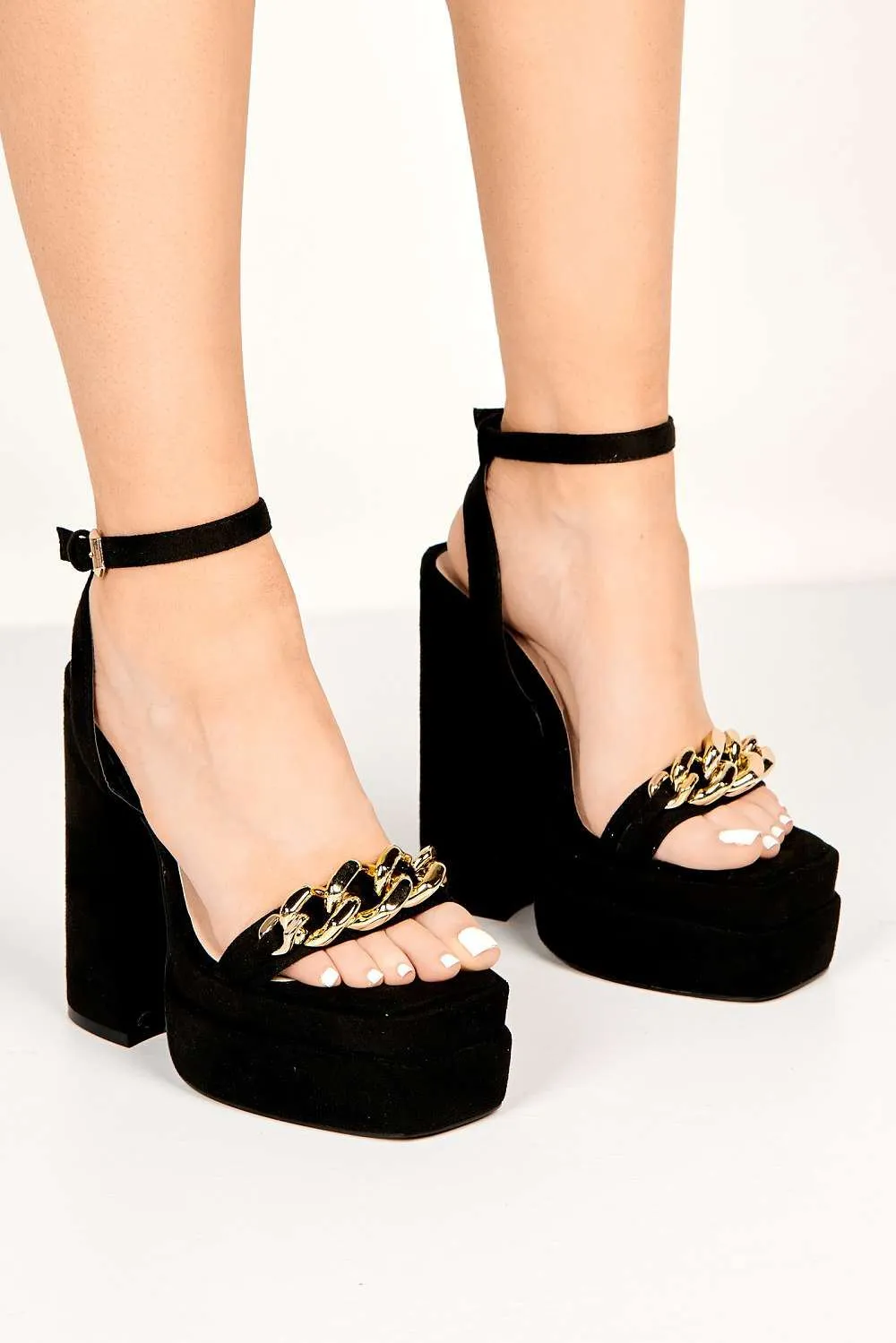 Aden Chain Detail Band Platform Block Heel Sandal in Black Suede