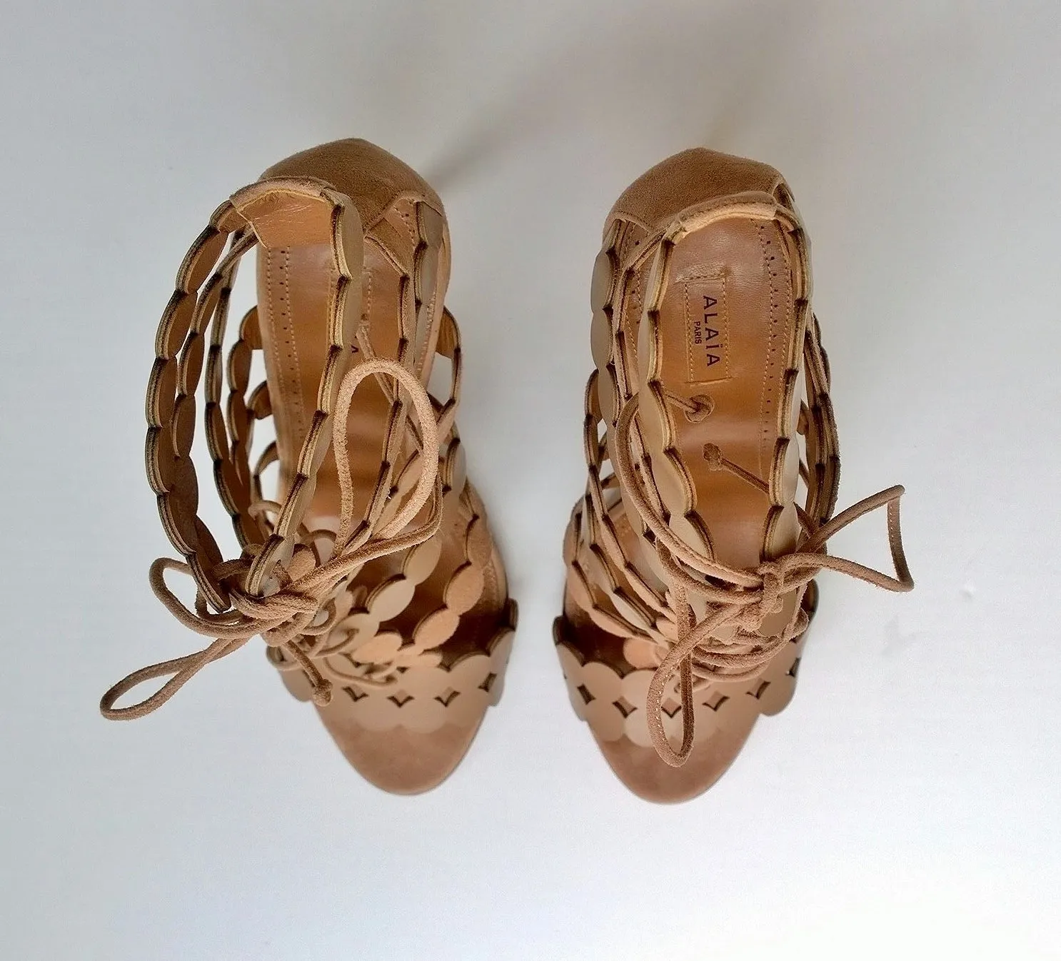 Alaia Beige Warm Nude Leather and Suede Sandals heels