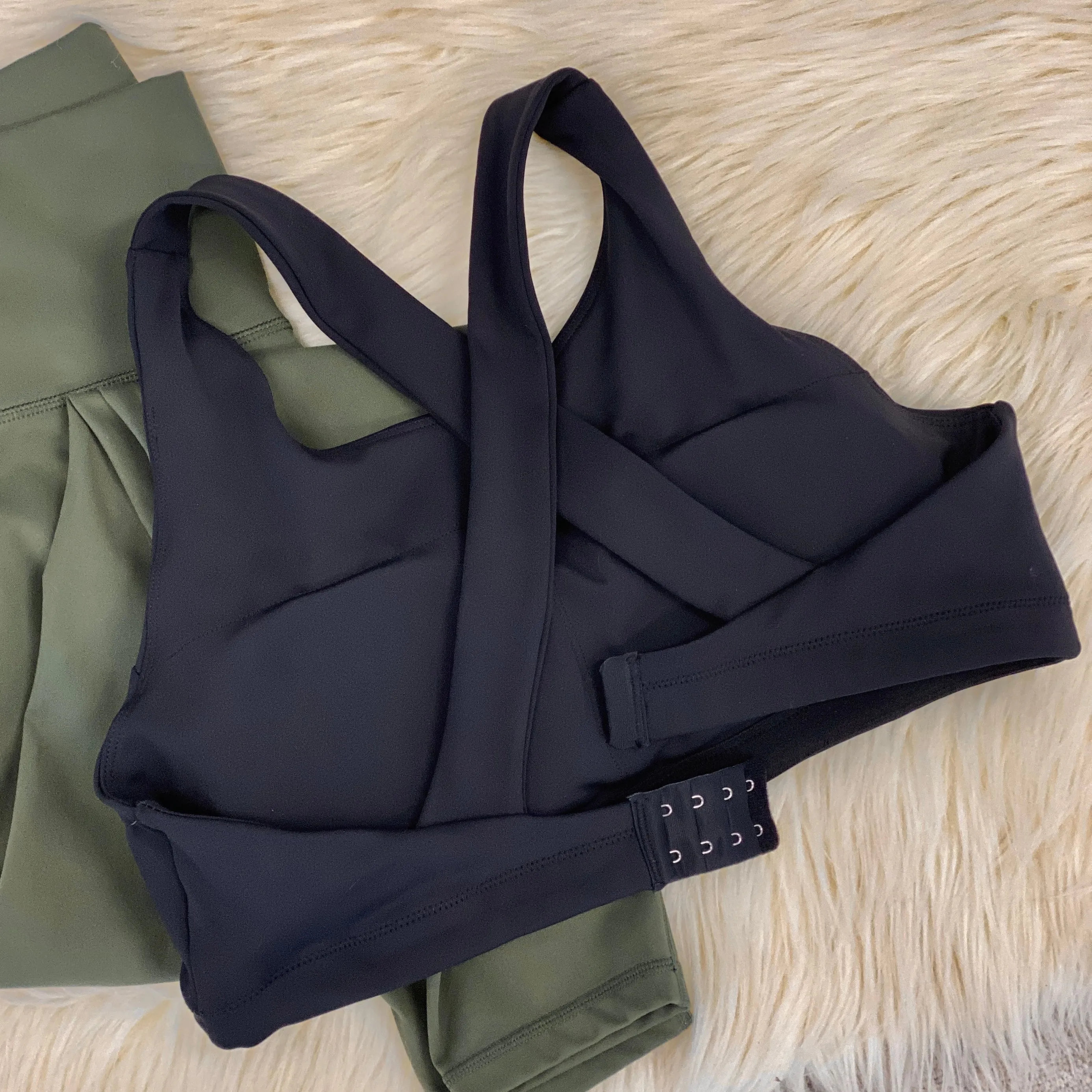 Black Split Front Overlay Back Adjustible Sports Bra