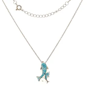 Blue Dolphins Necklace with White Pearl and Crystals in Sterling Silver