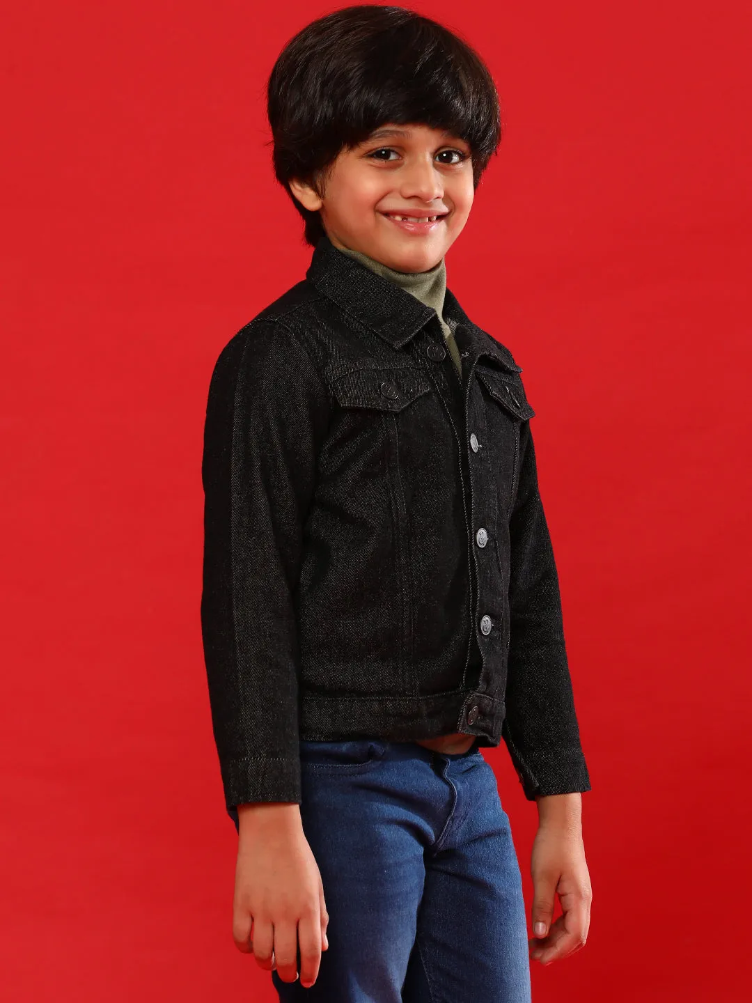 Boys and Girls Black Cotton Regular Fit Washed Jacket