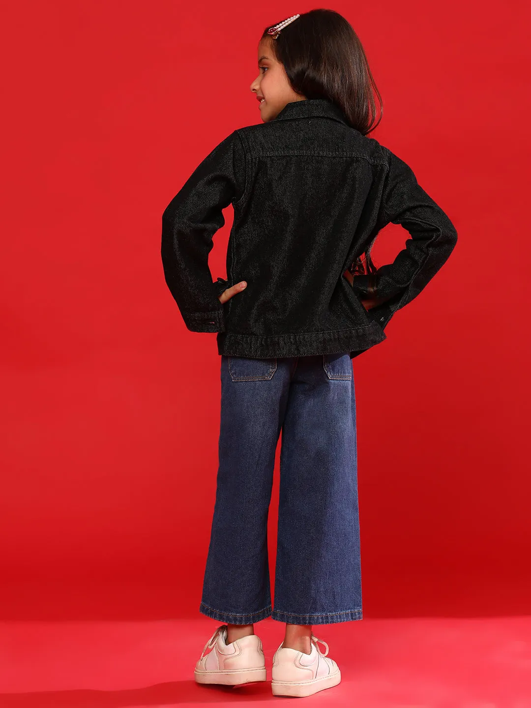 Boys and Girls Black Cotton Regular Fit Washed Jacket