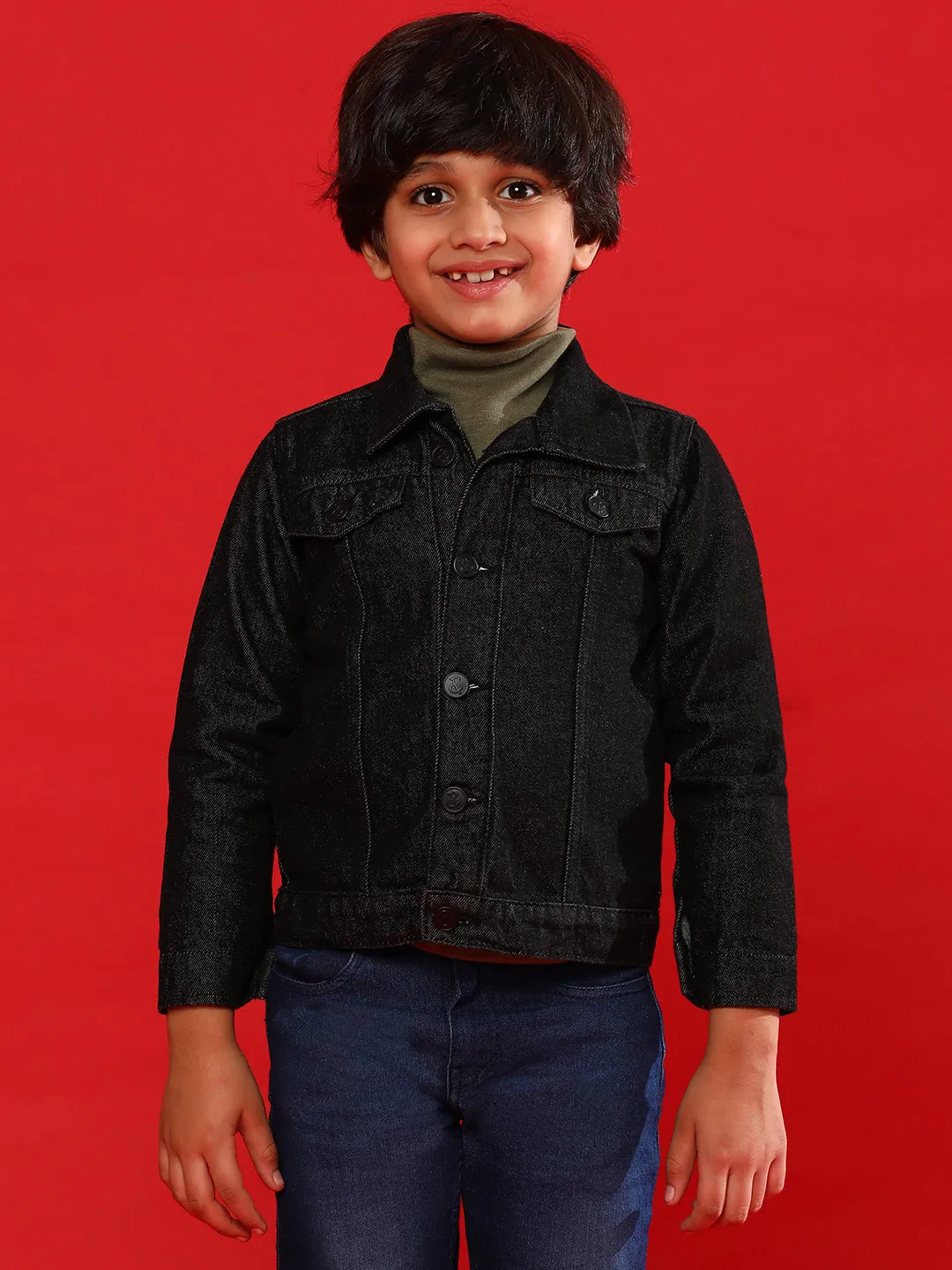 Boys and Girls Black Cotton Regular Fit Washed Jacket