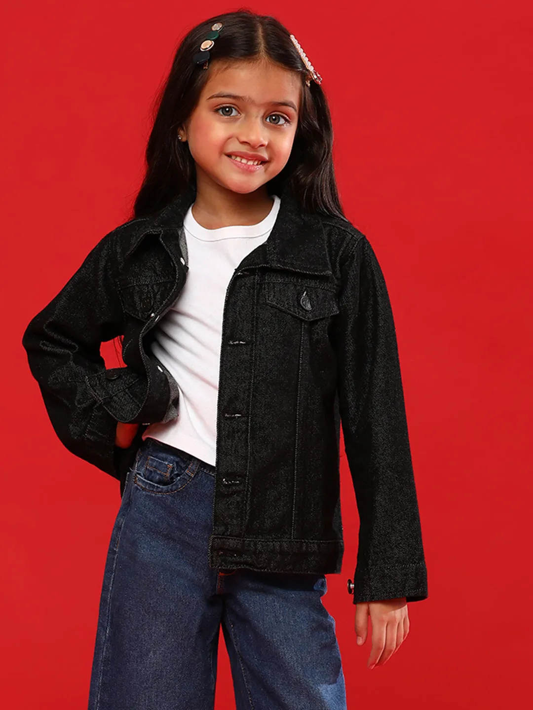 Boys and Girls Black Cotton Regular Fit Washed Jacket