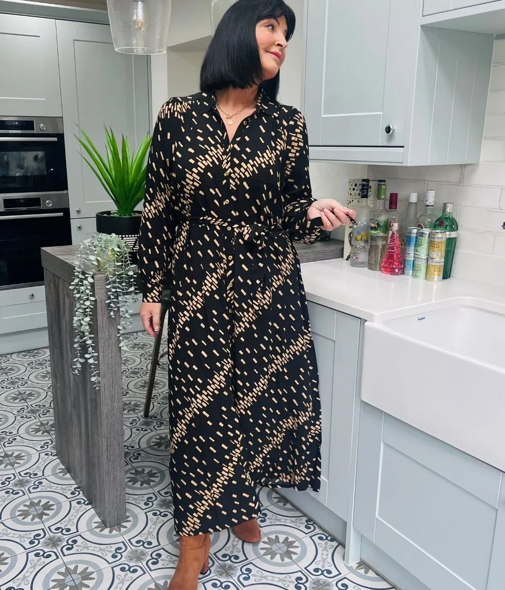 Camel Printed Midi Shirt Dress