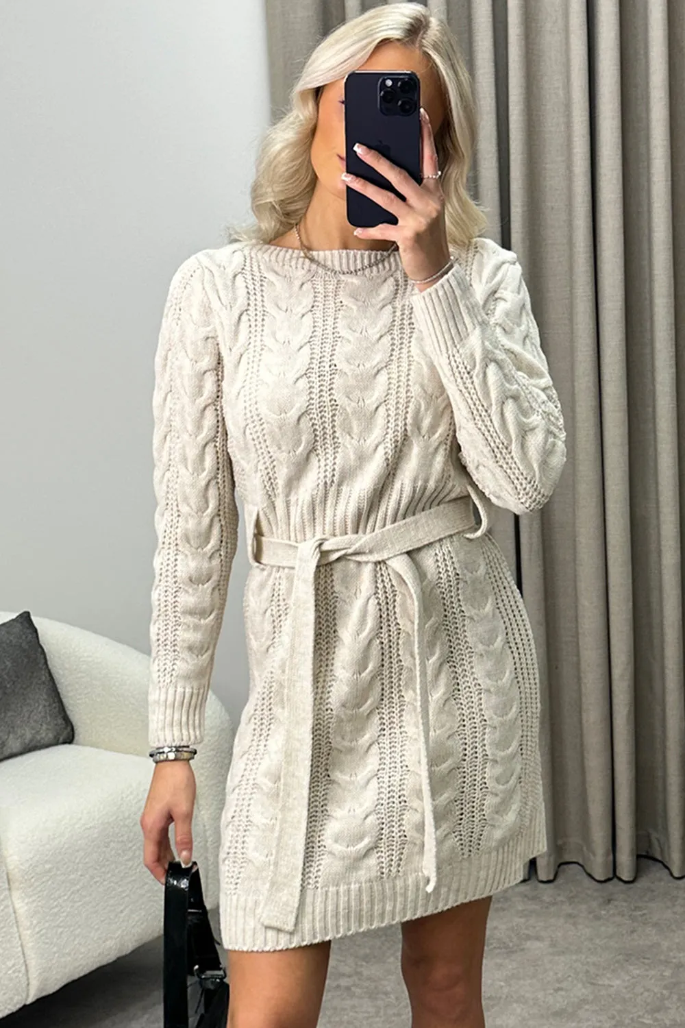 Charleen Beige Cable Knit Tie Belt Jumper Dress