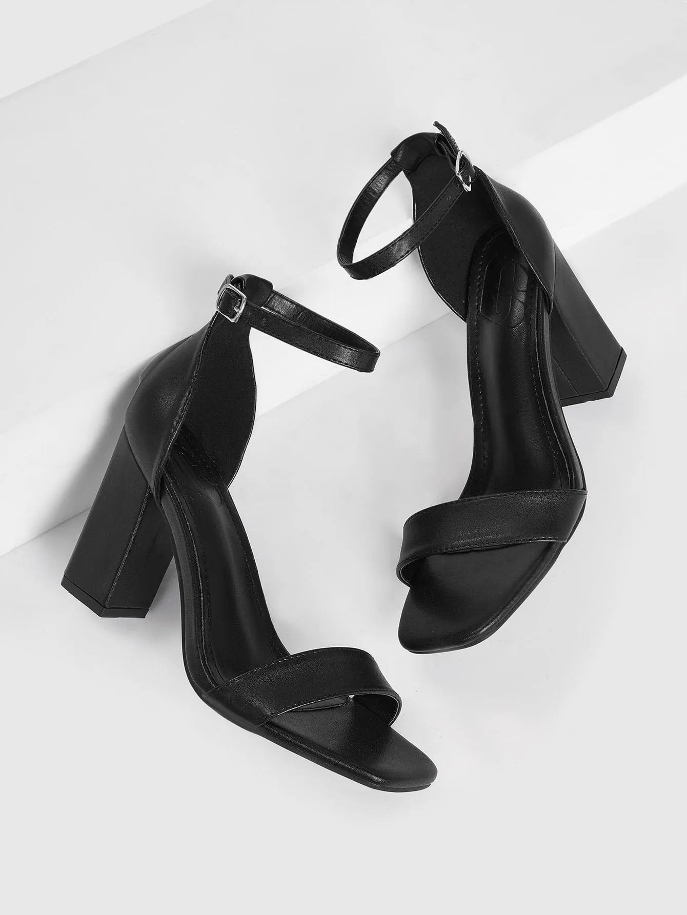 CUCCOO BIZCHIC Woman Shoes Minimalist Chunky Heeled Ankle Strap Sandals, Elegant Black Artificial Leather Sandals For Summer Graduation Heels Prom Heels Vacation Shoes Summer Sale Back To School Shoes College Student Shoes