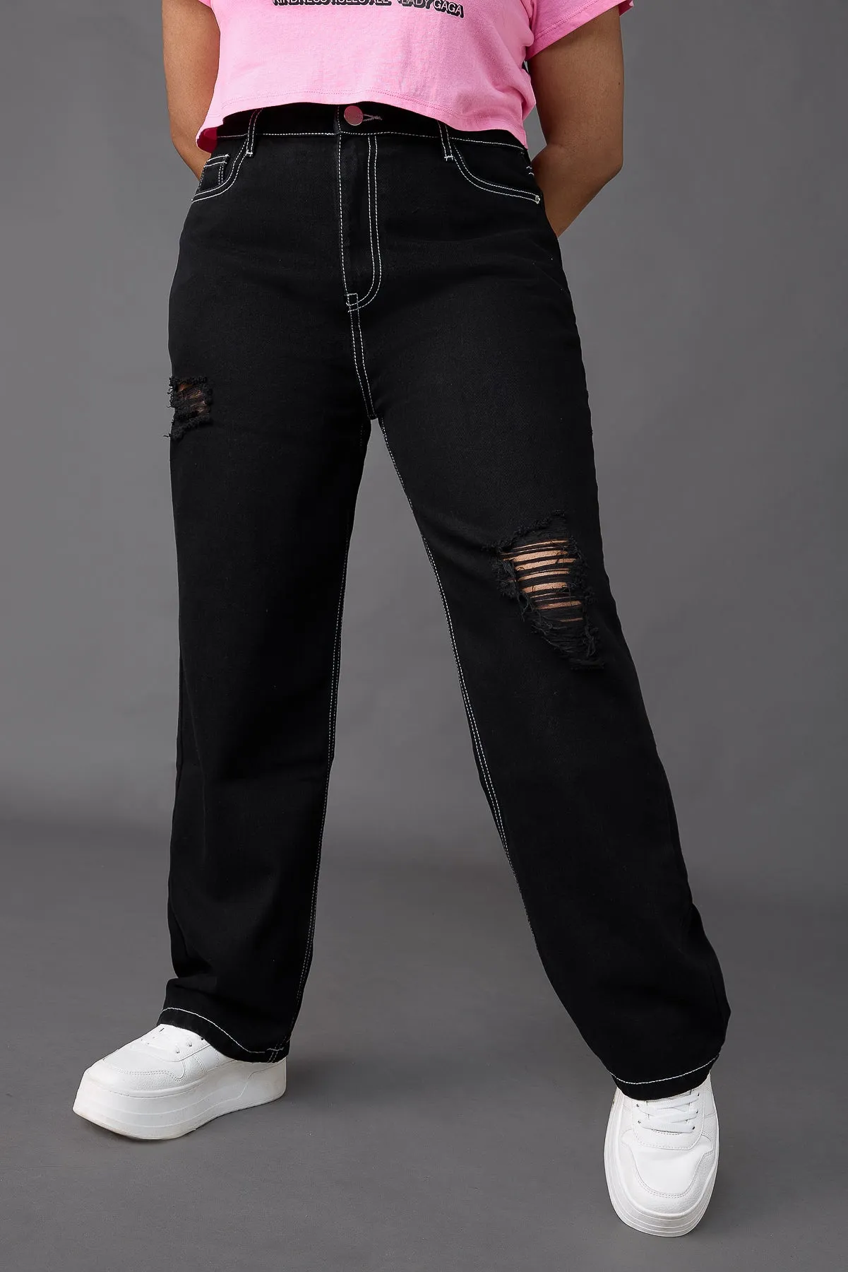 Curve Black Distress Straight Jeans