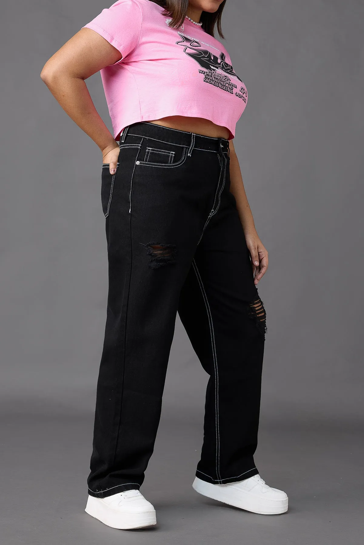 Curve Black Distress Straight Jeans