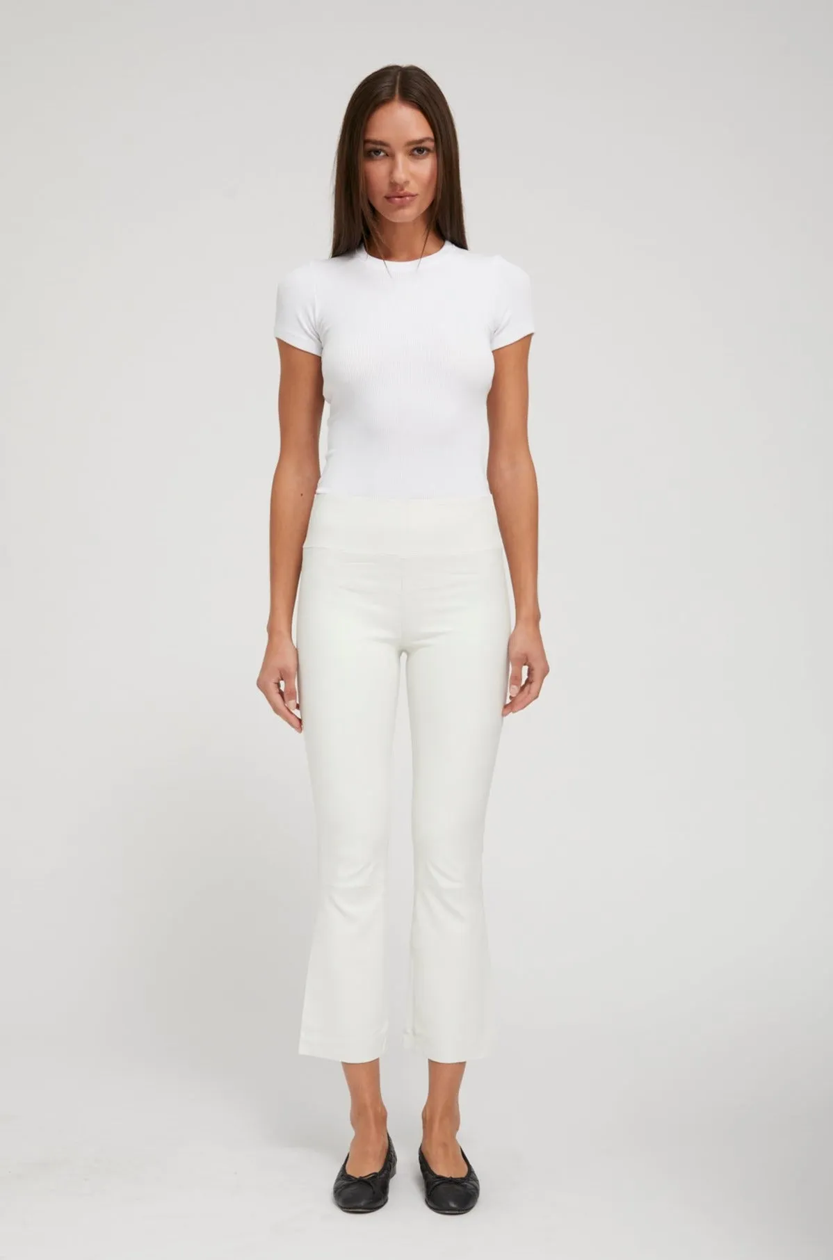 White Leather Crop Flare Leggings