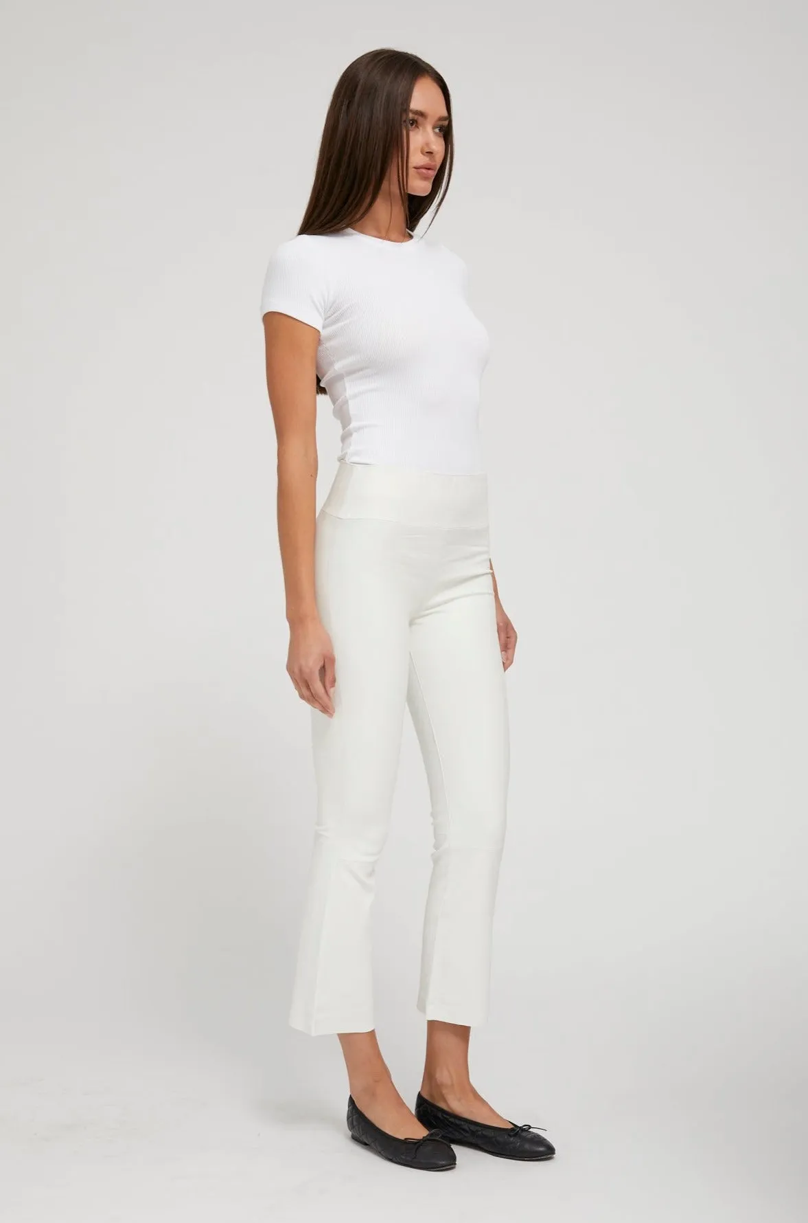 White Leather Crop Flare Leggings