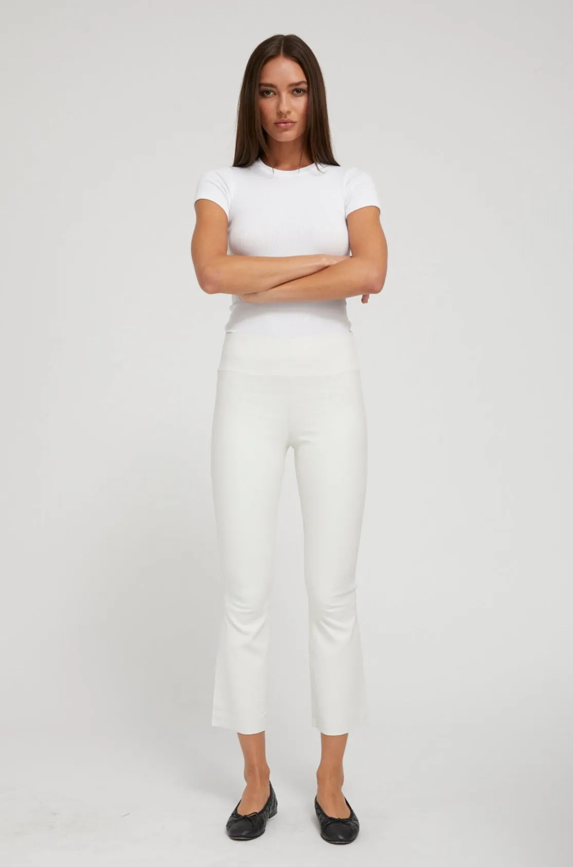 White Leather Crop Flare Leggings